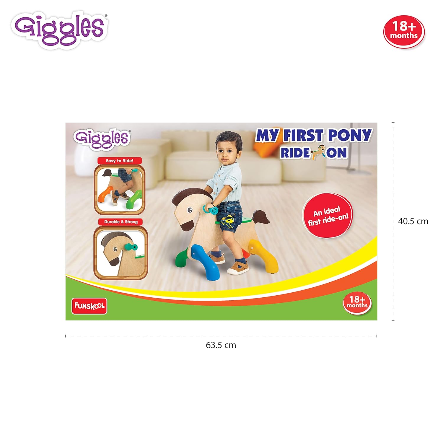 Funskool Giggles - My First Pony, Ride On Toy, Wooden, Ride-on for Toddlers, 18 Months +, Front and Back Movement, Motor Skills and Sense of Direction, Indoors