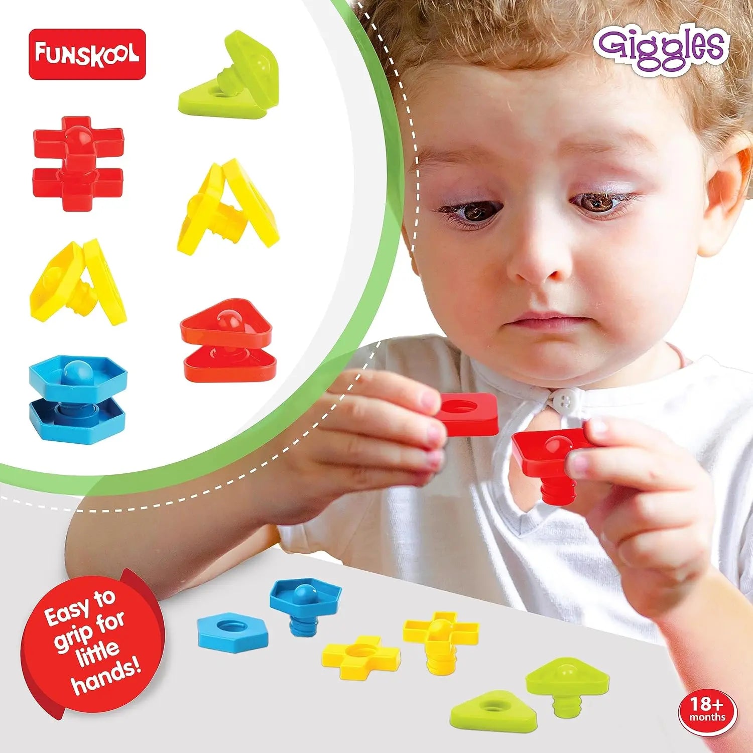 Giggles Funskool Giggles - Nuts And Bolts, Interlocking Educational Blocks, Shape & Colours, 18 Months & Above, Infant And Preschool Toys, Multicolor Giggles Funskool