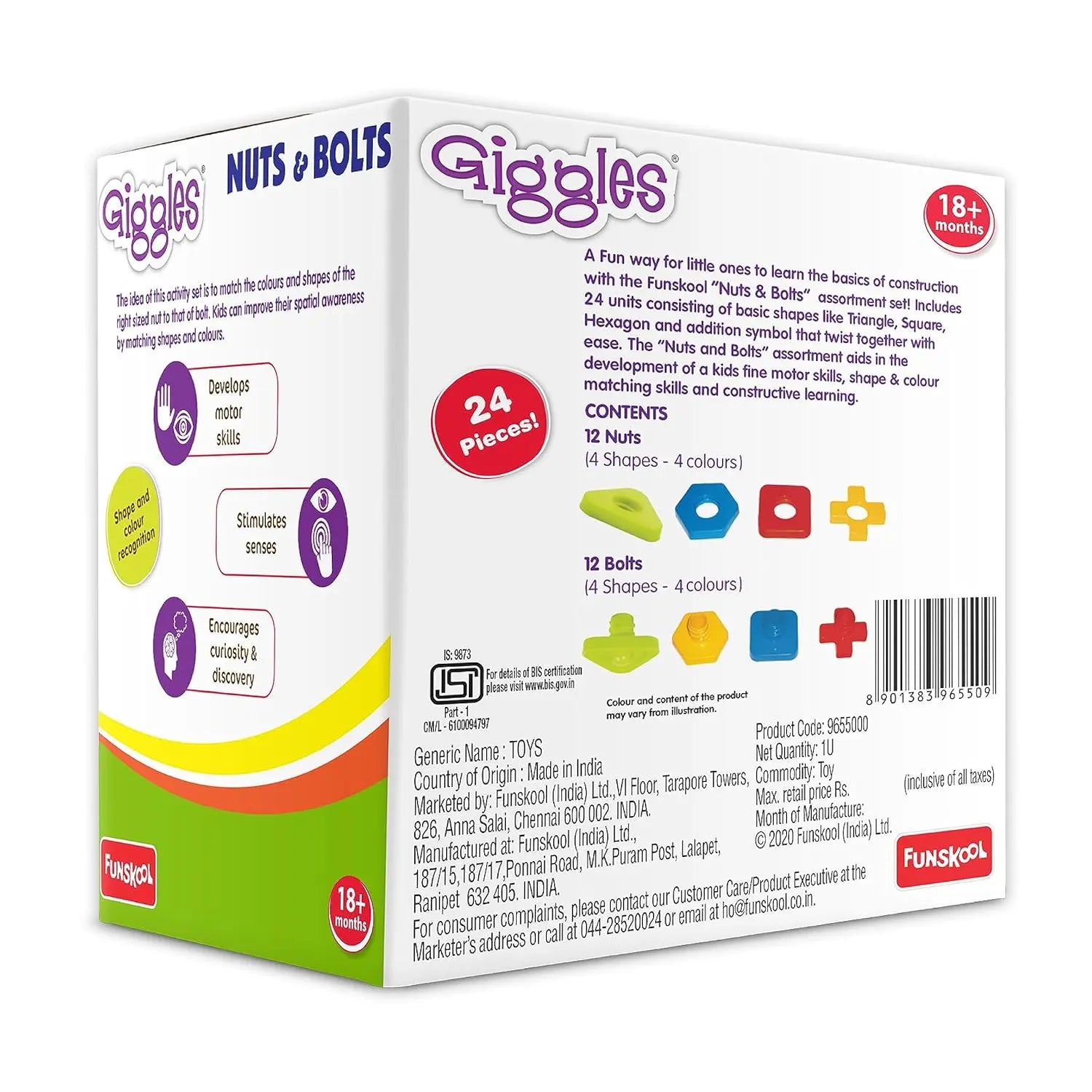 Giggles Funskool Giggles - Nuts And Bolts, Interlocking Educational Blocks, Shape & Colours, 18 Months & Above, Infant And Preschool Toys, Multicolor Giggles Funskool