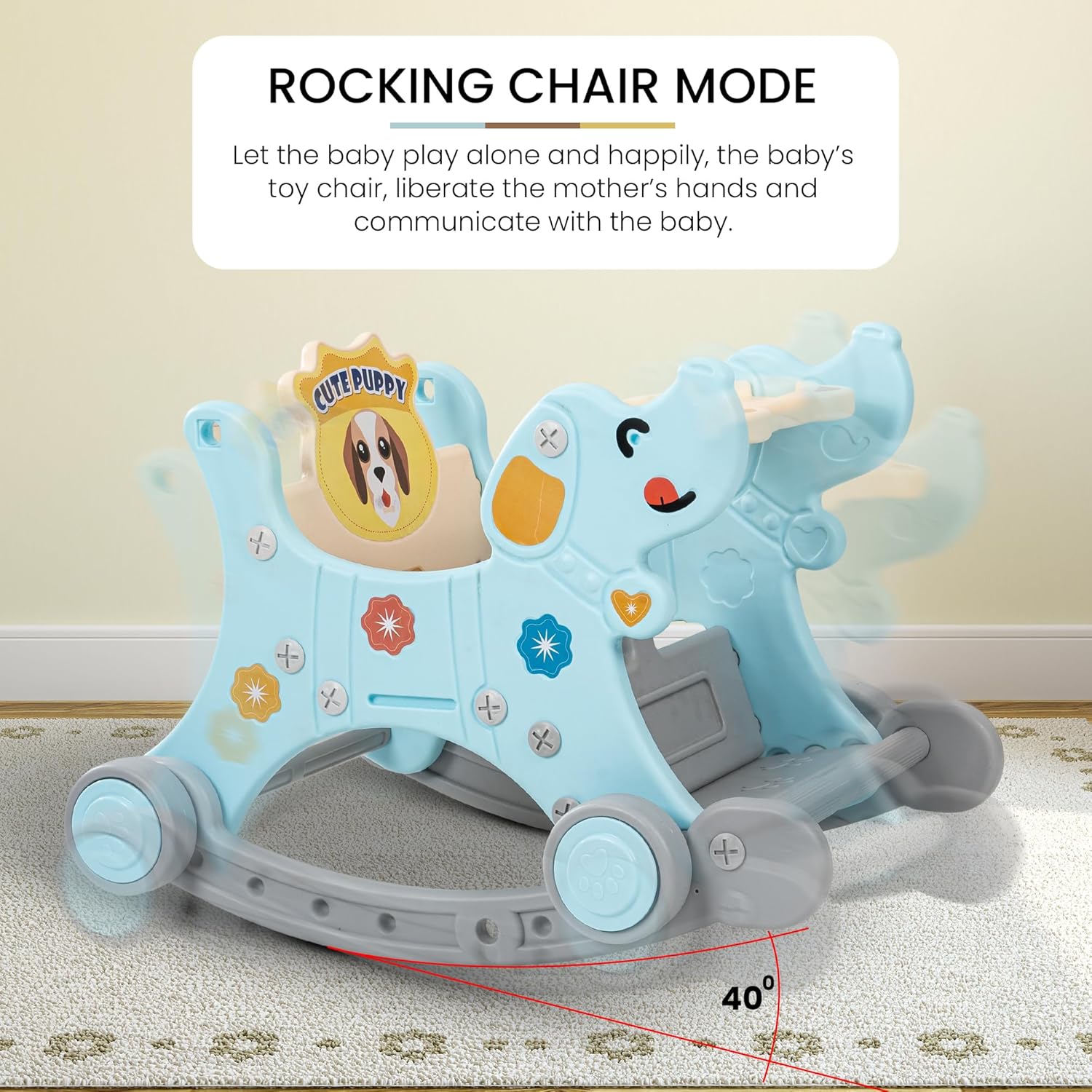 Playgro 2 In 1 Puppy Baby Rocking Chair For Kids|Baby Rocker Rider Toy For Kids With Food Tray, Seat Belt & Backrest|Baby Dining Rocking Chair For Babies Indoor Outdoor 12+months Boys Girls - Blue