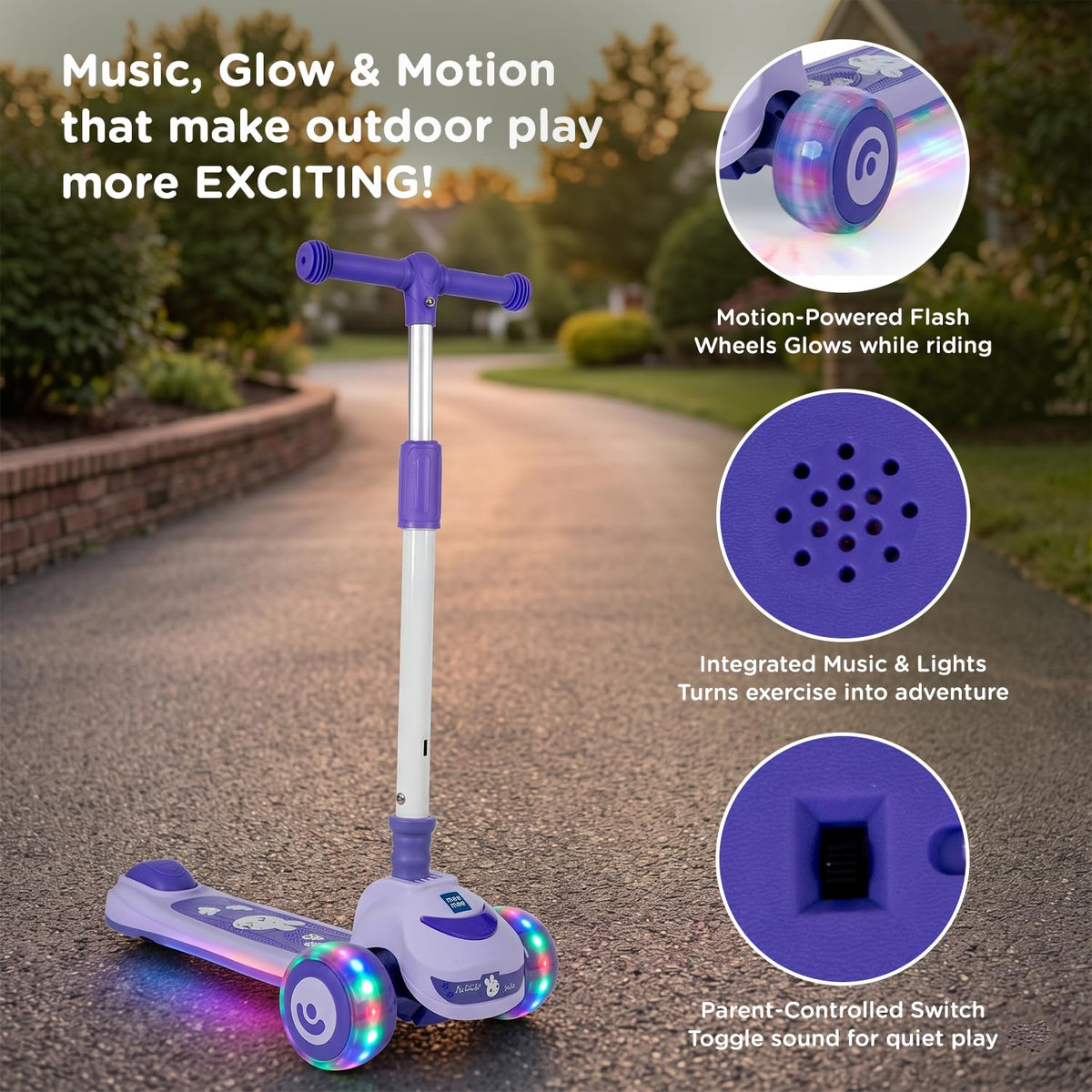 Violet Mee Mee kids scooter with glowing wheels, built-in music and sound on/off switch