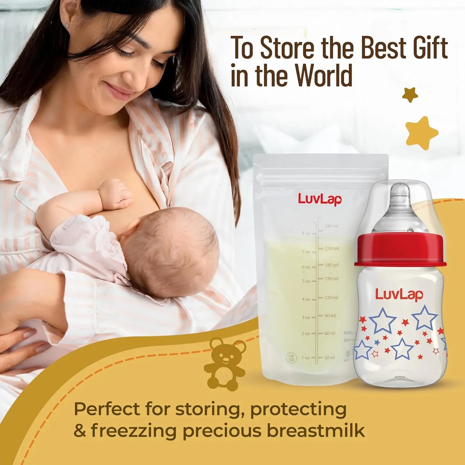 LuvLap Baby Breast Milk Storage Bags 240 ml (Pack of 25), BPA Free BPA Free Leak Proof Zip Lock Disposable Milk Freezer Bags for Breast Feeding LuvLap