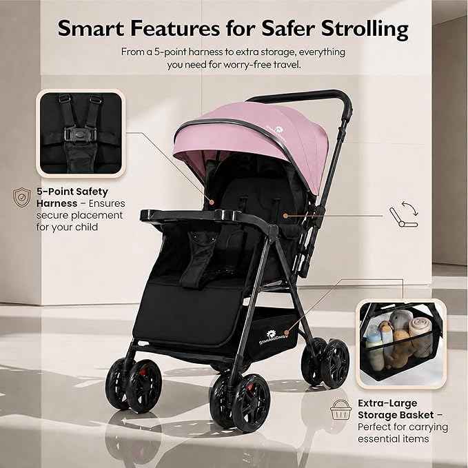 StarAndDaisy Urban Tot Baby Stroller with Reversible Handle | Foldable Baby Pram with Four-Wheel Brakes, Adjustable Canopy with Mosquito Net, Food Tray & Reclining Seat for Newborns to Toddlers