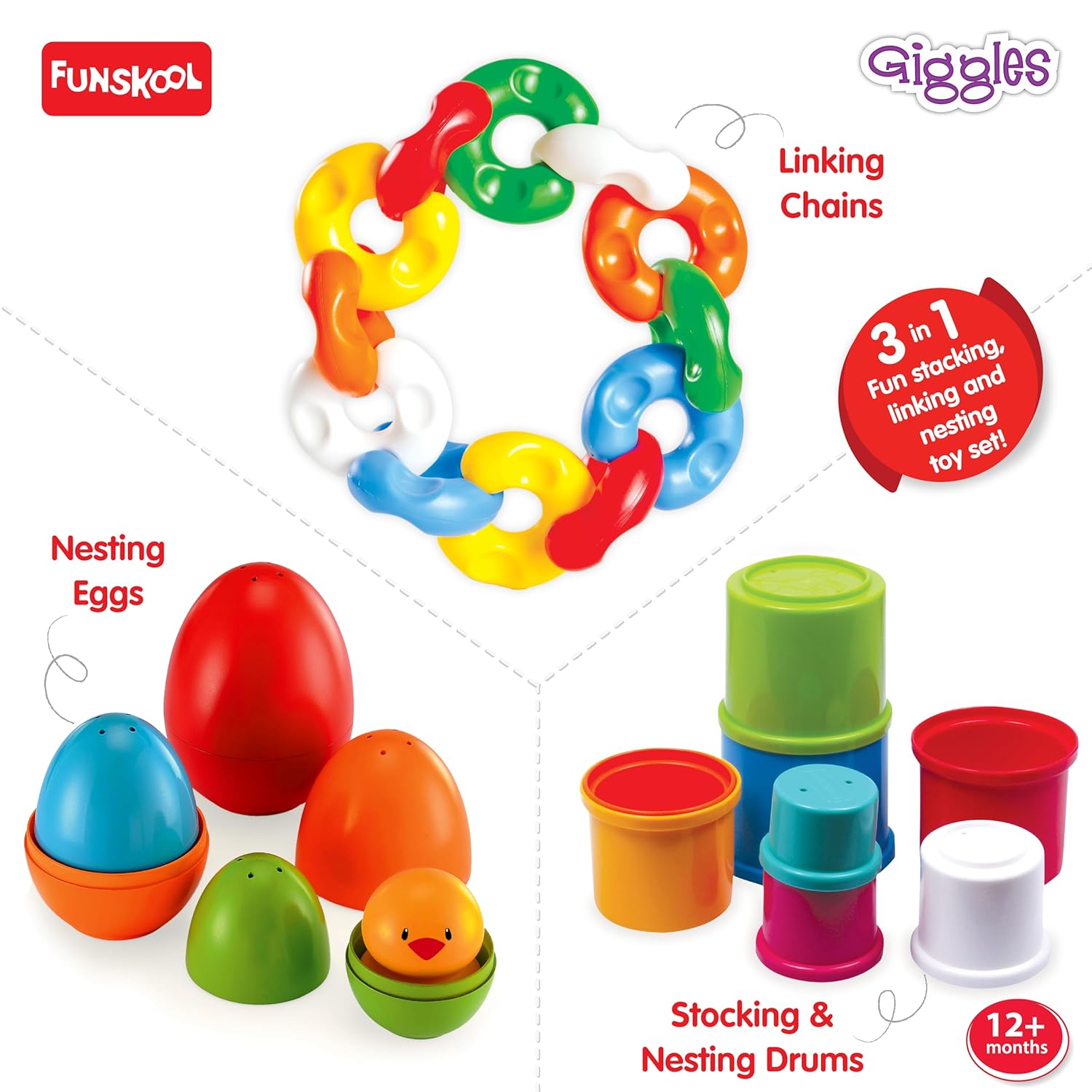 Giggles Funskool Link Stack N Nest, Nesting & Stackable Toy Blocks for Kids, Encourages Learning & Development, Fun Activity for Babies, Gift Set for Kid, Age 12+ Months