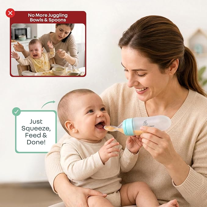 R for Rabbit First Feed Baby Food Feeder 90ml | Soft Silicone Spoon Feeder for Kids 12+ Months – Blue