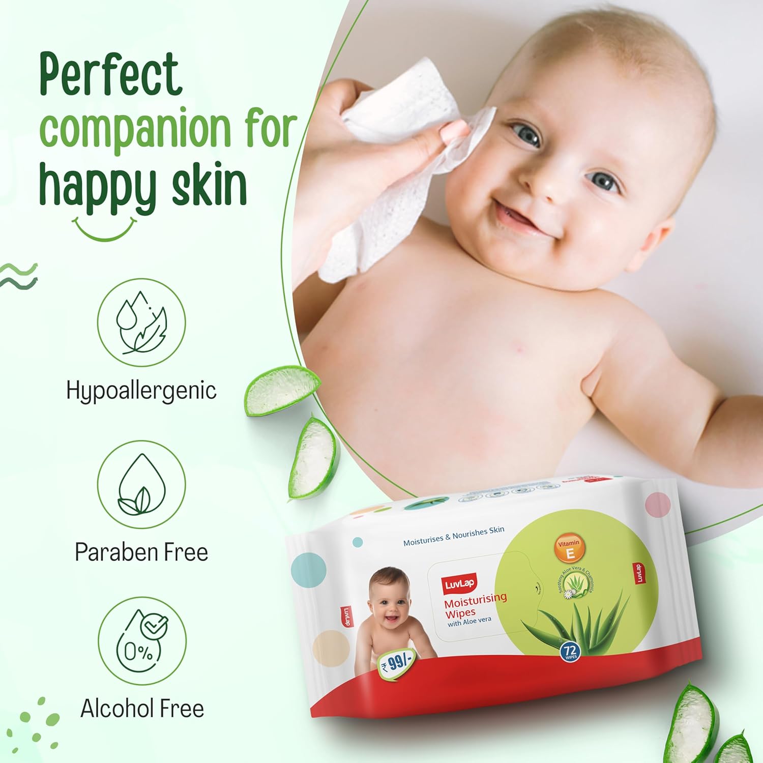 LuvLap Moisturising Wet Wipes without Lid For Baby Skin, Enriched with Aloe Vera, Vitamin E & Chamomile Extract, pH Balanced, Dermatologically Safe, Paraben & Sulphate Free, 72 Wipes
