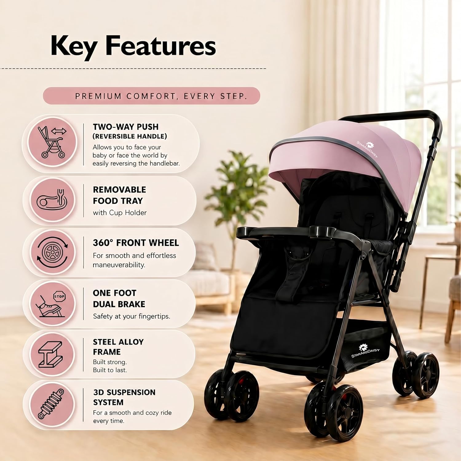 StarAndDaisy Urban Tot Baby Stroller with Reversible Handle | Foldable Baby Pram with Four-Wheel Brakes, Adjustable Canopy with Mosquito Net, Food Tray & Reclining Seat for Newborns to Toddlers