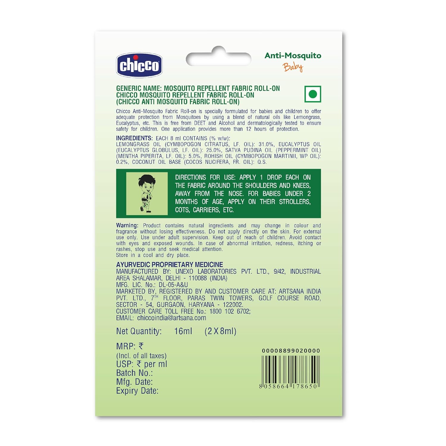 Chicco Anti-Mosquito Baby Fabric Roll-On With The Natural Protection Of 12+ Hours, 2Pc (8ml + 8ml)
