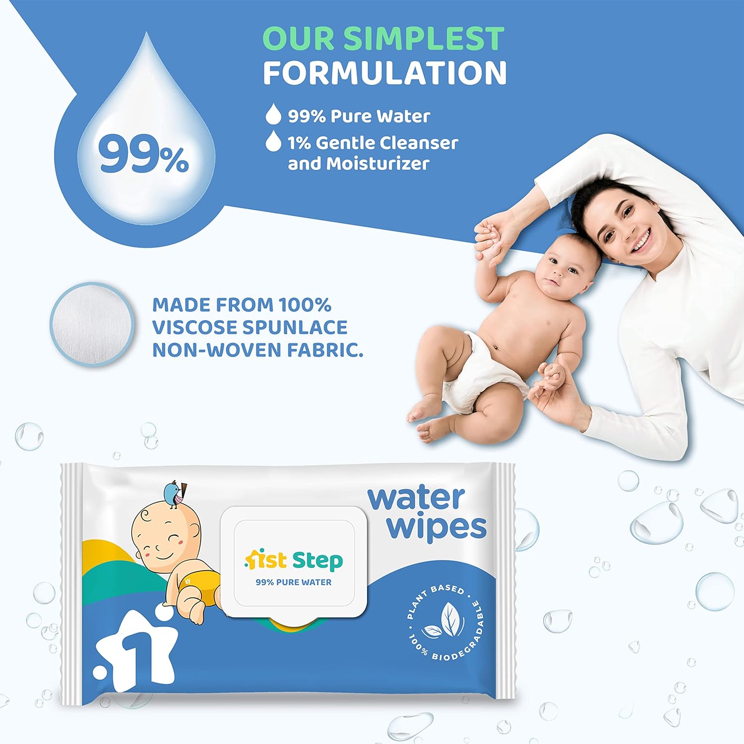 1st Step 99% Pure Water Baby Wipes with lid | Plant Based - 100% Biodegradable Wipes for Babies | Super Thick Polyester Free wet Wipes for Baby I Paraben Free with Aloevera & Calendula Extract | Alcohol Free Baby wipes |72 pcs
