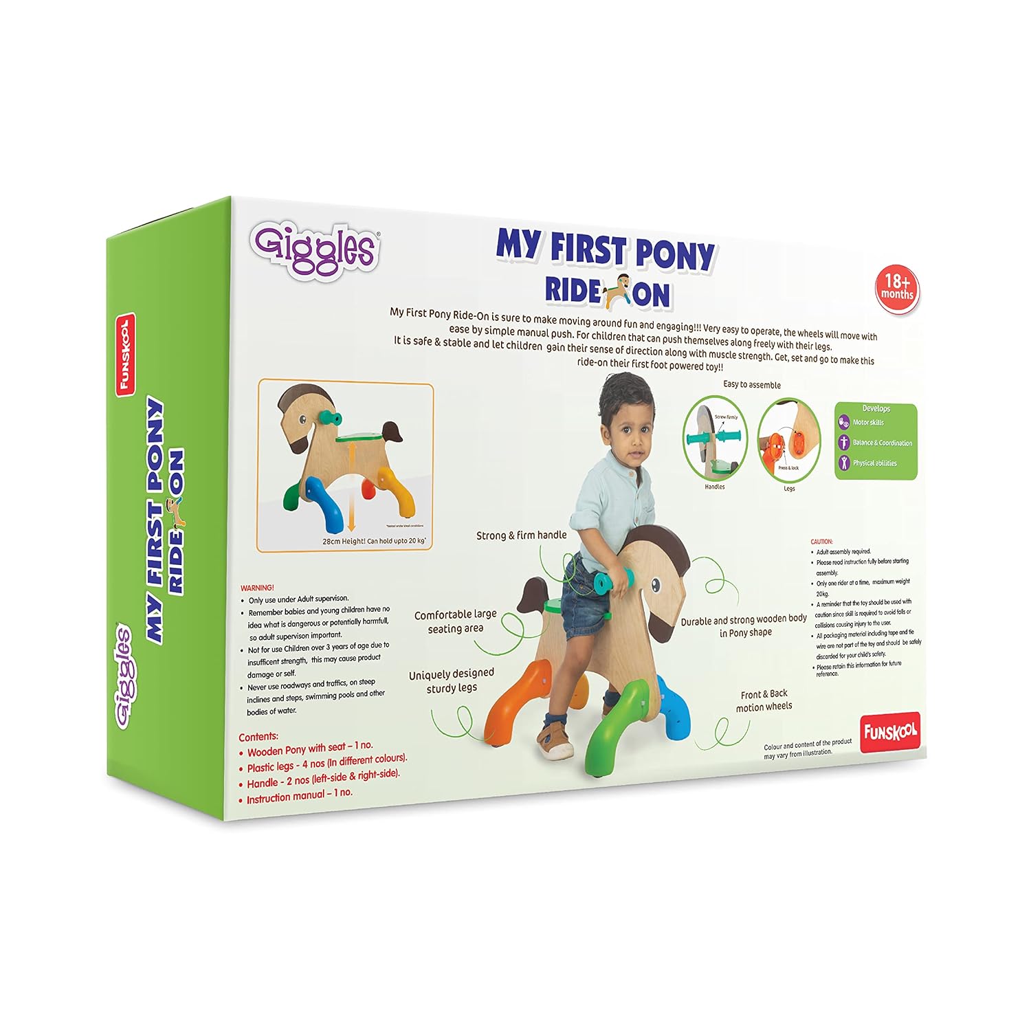 Funskool Giggles - My First Pony, Ride On Toy, Wooden, Ride-on for Toddlers, 18 Months +, Front and Back Movement, Motor Skills and Sense of Direction, Indoors
