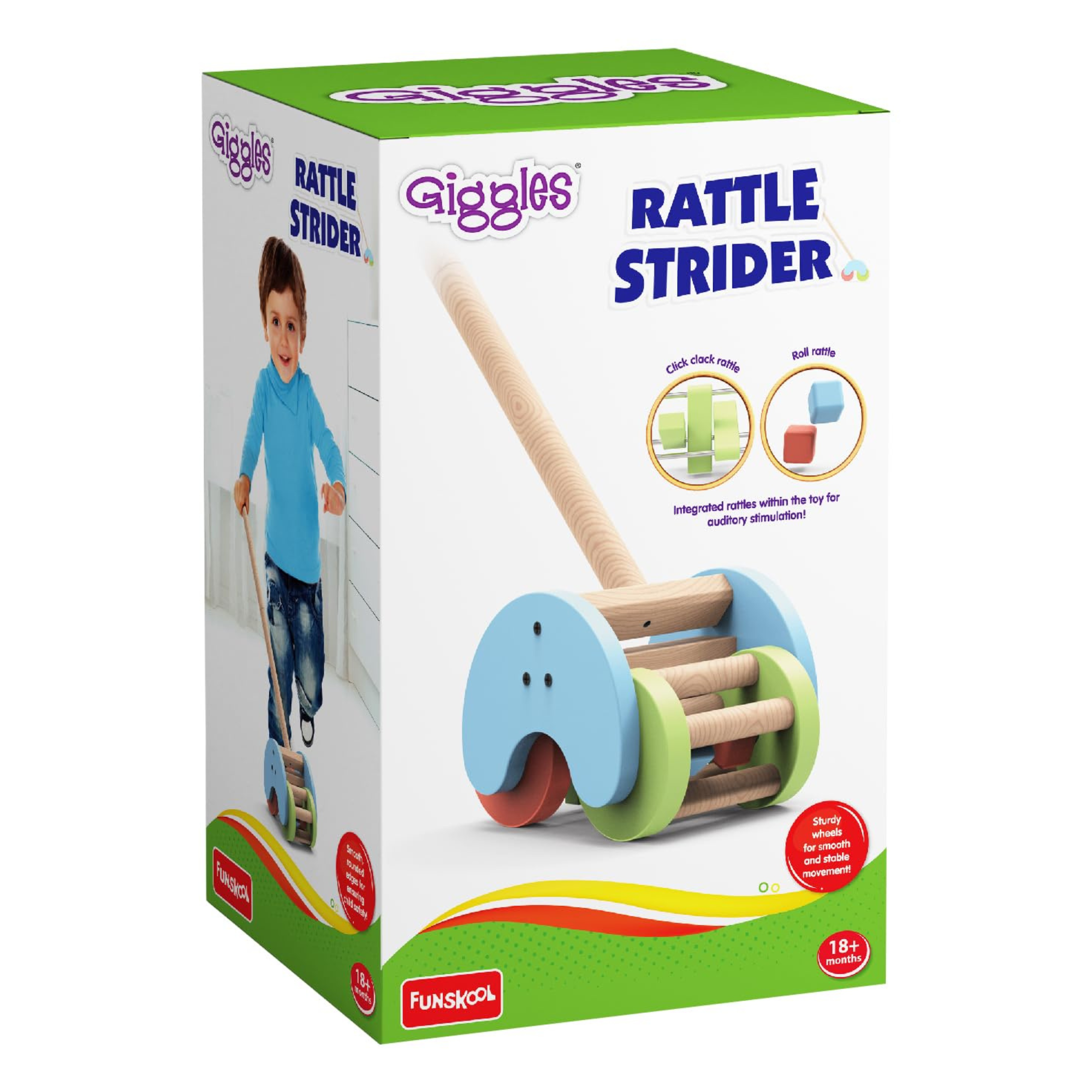 Funskool Giggles Rattle Strider Wooden,Push Along Toy, with Detachable Handle, Ideal for Toddlers, Playful Kid Toy, 18months and Above