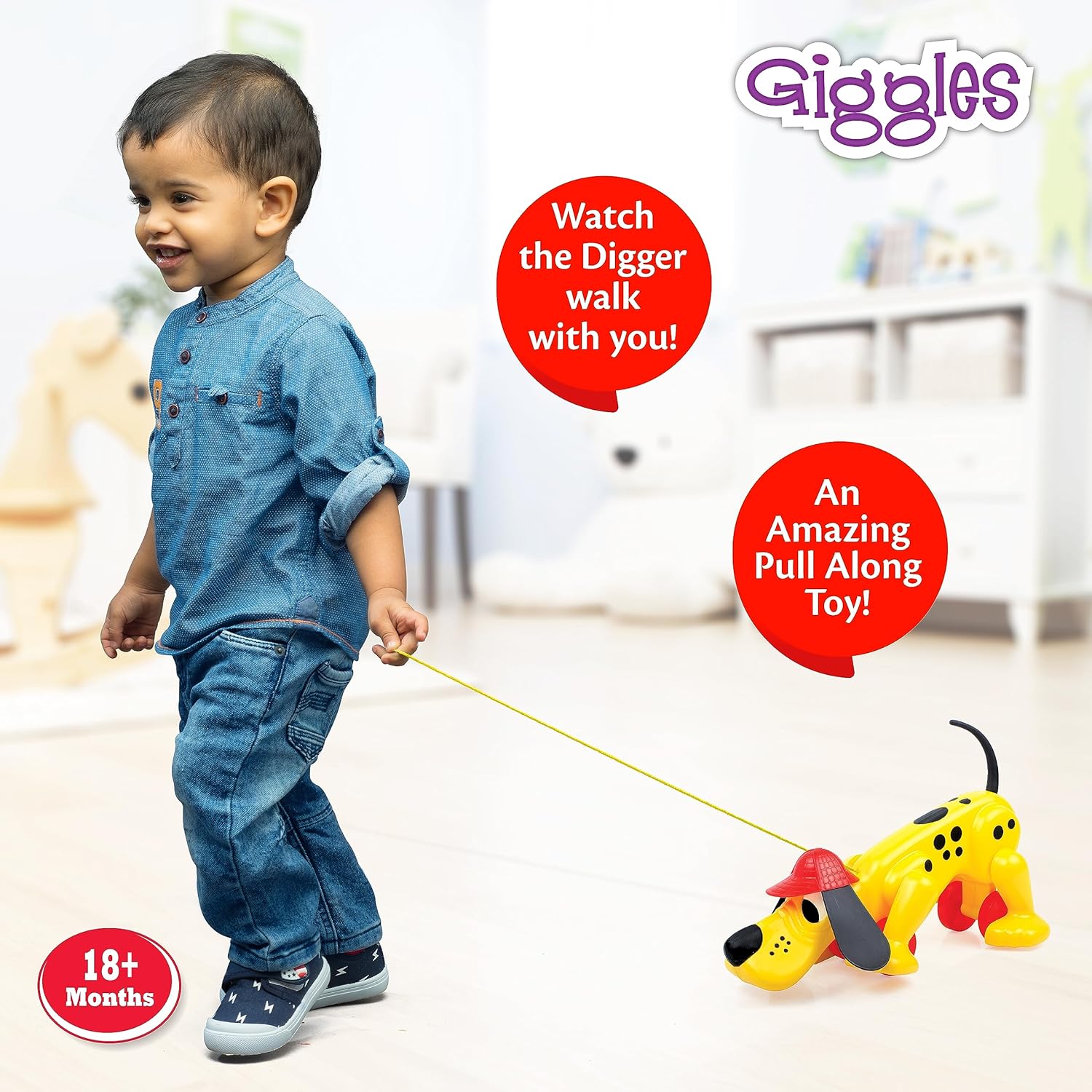 Giggles Funskool Pull Along Digger The Dog, Activity & Learning Toys for Babies, Toddlers, for Baby Boys & Girls, Encourage Walking, Improve Balance, Multicolour, Gift Set for Kids, Ages 18+ Months