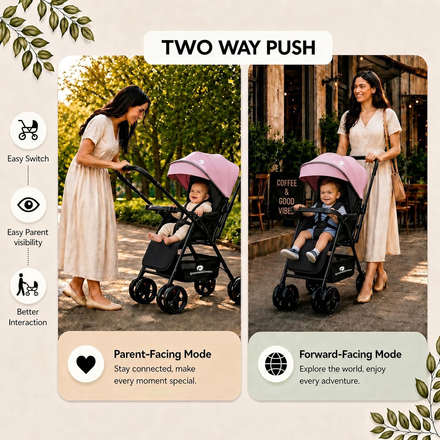 StarAndDaisy Urban Tot Baby Stroller with Reversible Handle | Foldable Baby Pram with Four-Wheel Brakes, Adjustable Canopy with Mosquito Net, Food Tray & Reclining Seat for Newborns to Toddlers