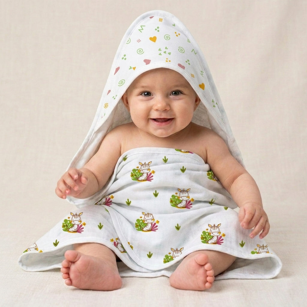 Muslin Baby Hooded Towel 75x75 cm – Ultra Soft Cotton Muslin Newborn Bath Towel with Hood | Lightweight, Breathable & Gentle