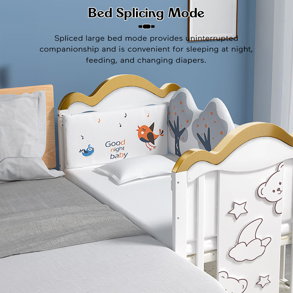 12 in 1 Baby Wooden Cot with Mattress, Convertible Baby Bed with Mosquito Net & Adjustable Stand – White