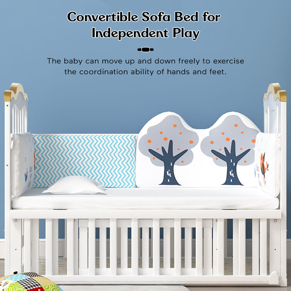 12 in 1 Baby Wooden Cot with Mattress, Convertible Baby Bed with Mosquito Net & Adjustable Stand – White