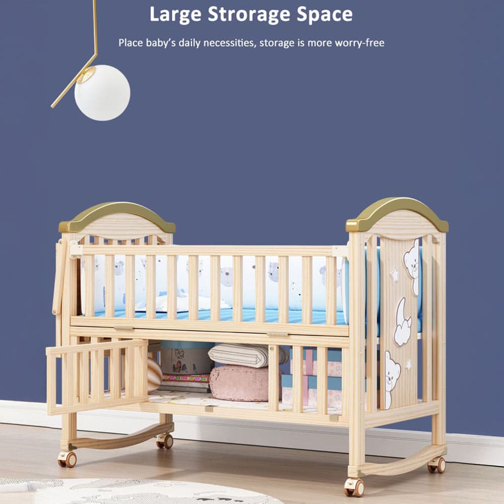 12 in 1 Baby Wooden Cot with Mattress and Bumper Set, Convertible Baby Bed with Mosquito Net & Adjustable Stand – Wood