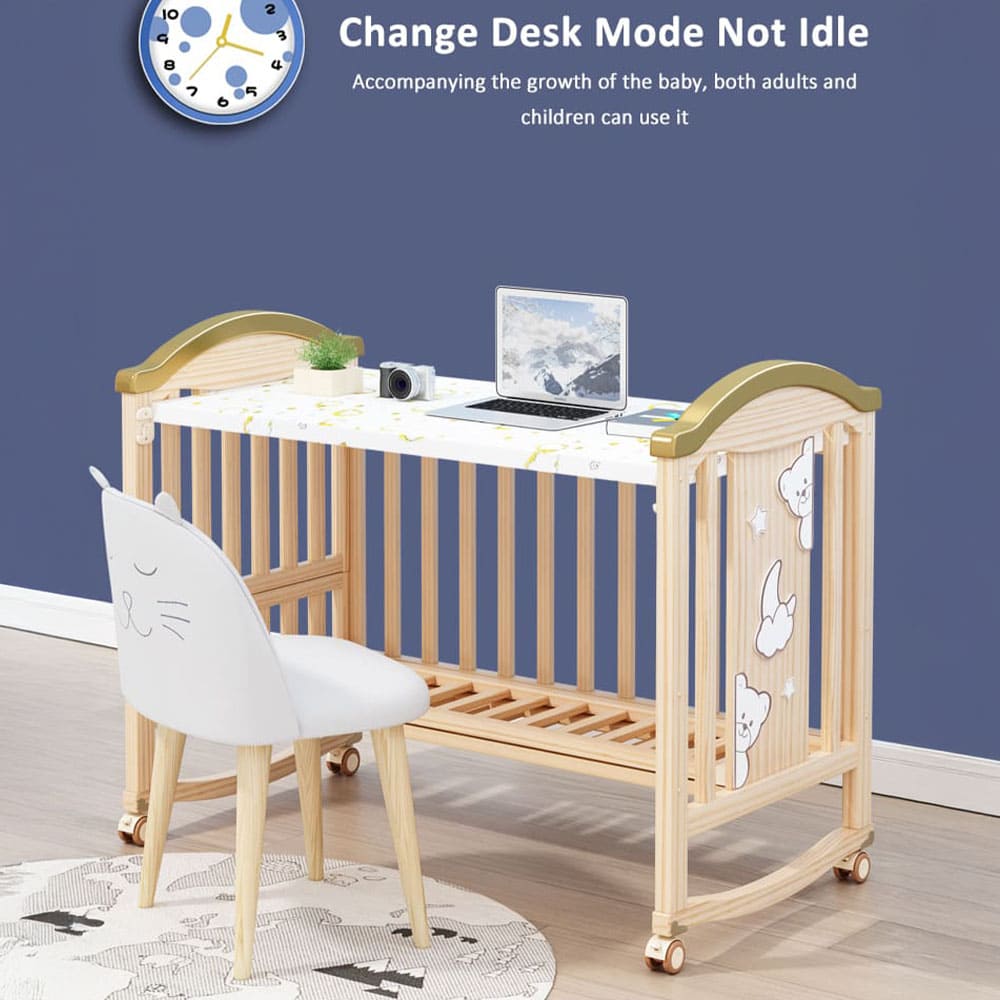 12 in 1 Baby Wooden Cot with Mattress and Bumper Set, Convertible Baby Bed with Mosquito Net & Adjustable Stand – Wood