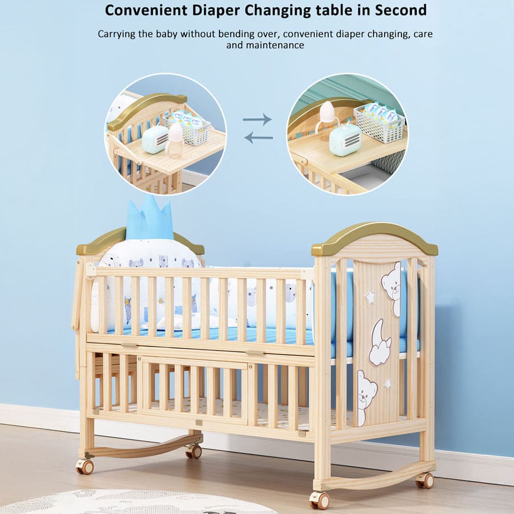 12 in 1 Baby Wooden Cot with Mattress and Bumper Set, Convertible Baby Bed with Mosquito Net & Adjustable Stand – Wood