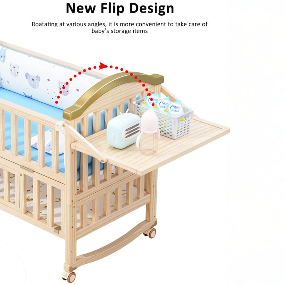 12 in 1 Baby Wooden Cot with Mattress and Bumper Set, Convertible Baby Bed with Mosquito Net & Adjustable Stand – Wood