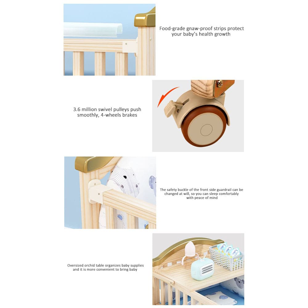 12 in 1 Baby Wooden Cot with Mattress and Bumper Set, Convertible Baby Bed with Mosquito Net & Adjustable Stand – Wood