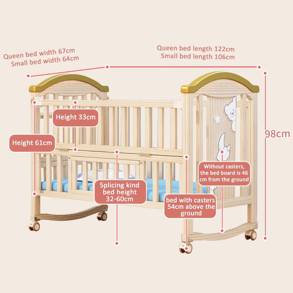 12 in 1 Baby Wooden Cot with Mattress and Bumper Set, Convertible Baby Bed with Mosquito Net & Adjustable Stand – Wood