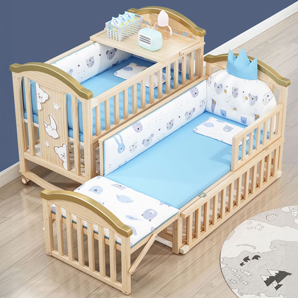12 in 1 Baby Wooden Cot with Mattress and Bumper Set, Convertible Baby Bed with Mosquito Net & Adjustable Stand – Wood