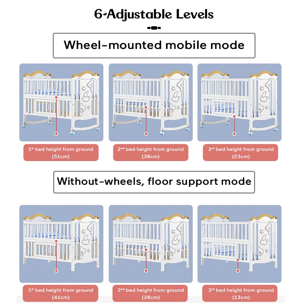 12 in 1 Baby Wooden Cot with Mattress, Convertible Baby Bed with Mosquito Net & Adjustable Stand – White