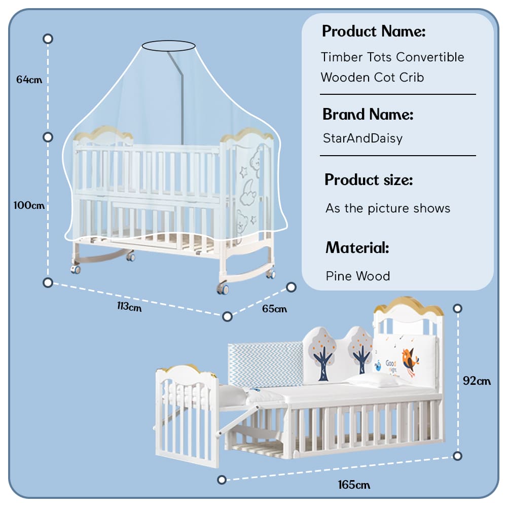 12 in 1 Baby Wooden Cot with Mattress, Convertible Baby Bed with Mosquito Net & Adjustable Stand – White