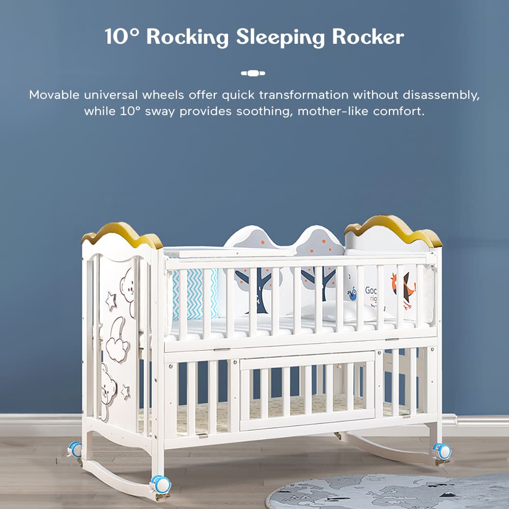 12 in 1 Baby Wooden Cot with Mattress, Convertible Baby Bed with Mosquito Net & Adjustable Stand – White