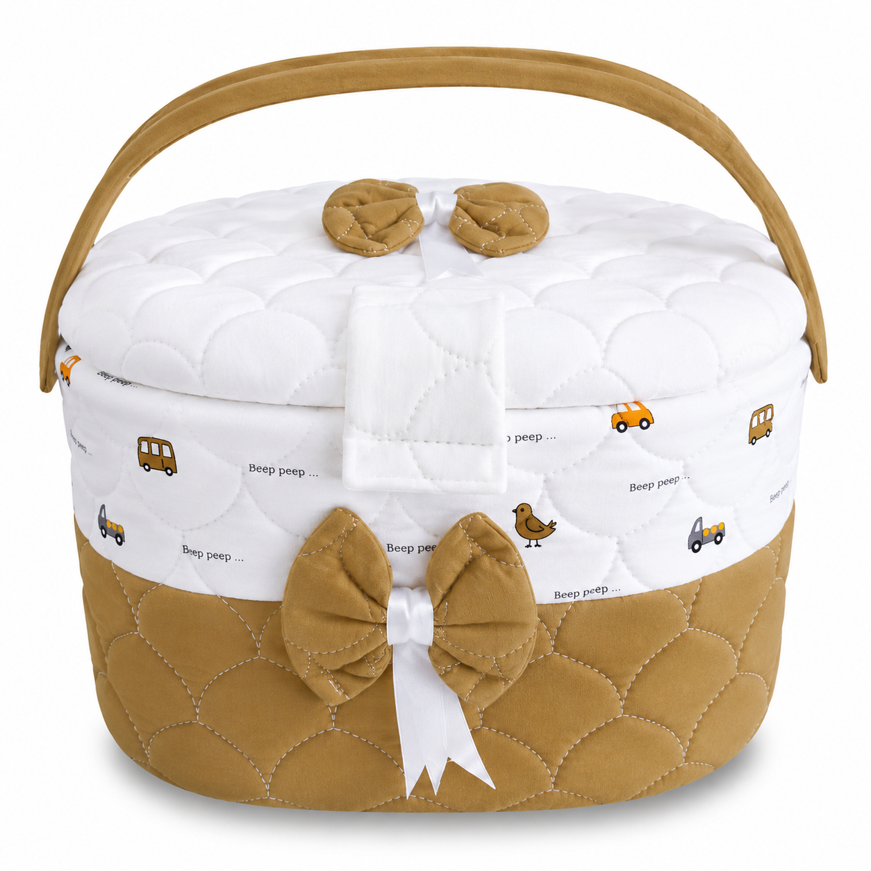 Premium Baby Storage Basket with Handle & Cute Vehicle Print | Quilted Nursery Organizer