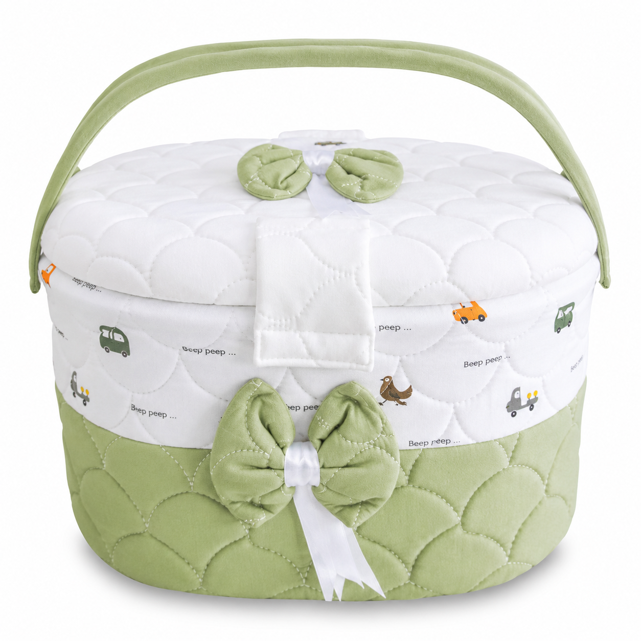 Premium Baby Storage Basket with Handle & Cute Vehicle Print | Quilted Nursery Organizer