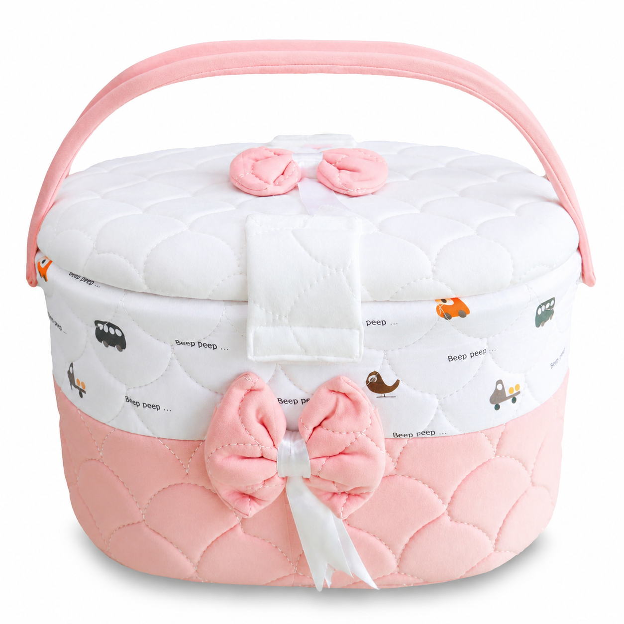 Premium Baby Storage Basket with Handle & Cute Vehicle Print | Quilted Nursery Organizer