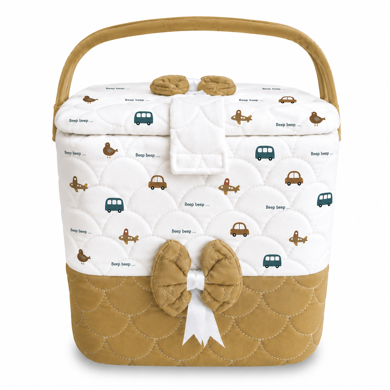 Premium Baby Storage Basket with Handle & Cute Vehicle Print | Quilted Nursery Organizer