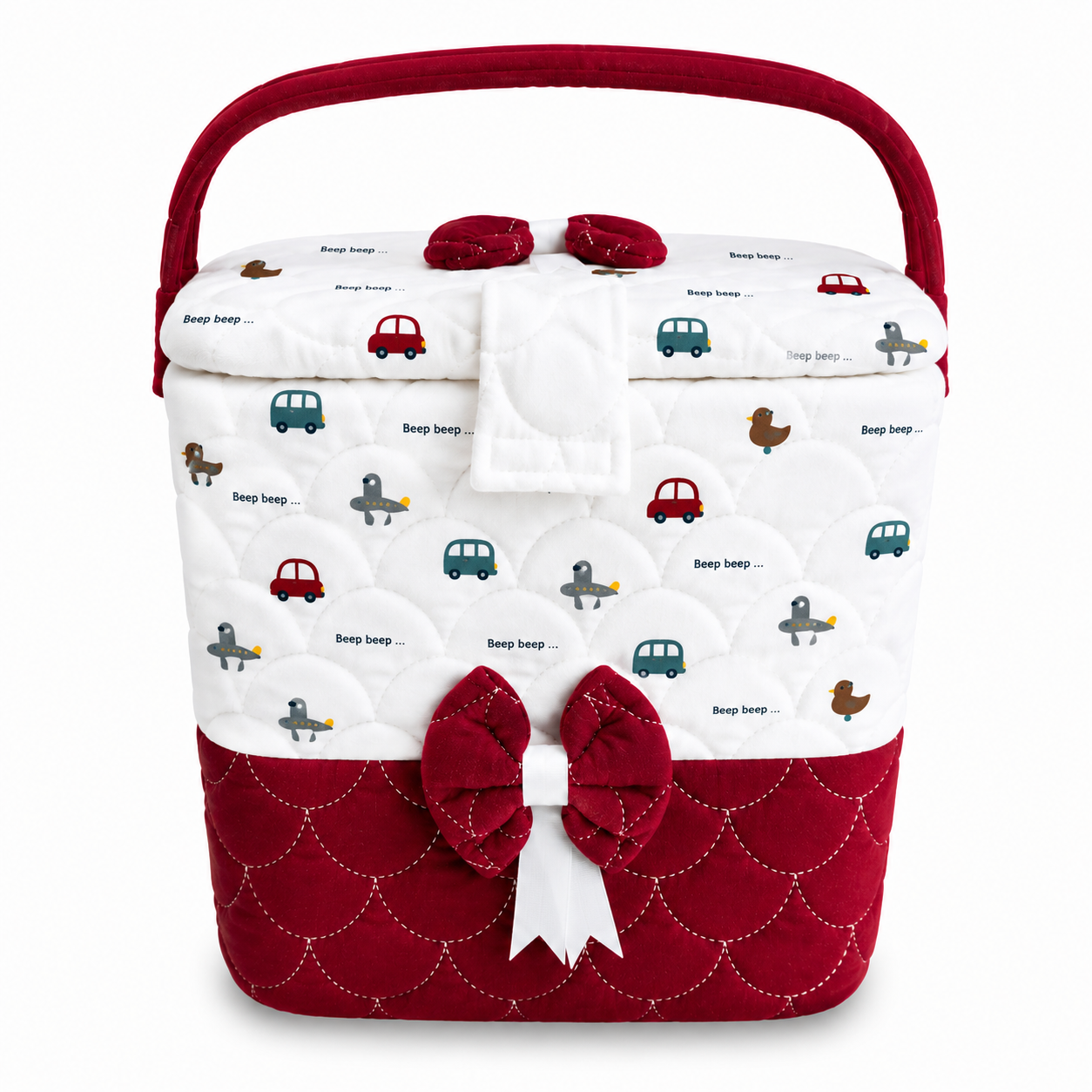 Premium Baby Storage Basket with Handle & Cute Vehicle Print | Quilted Nursery Organizer