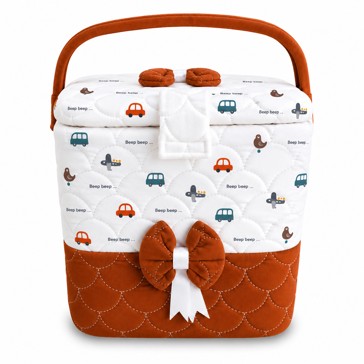 Premium Baby Storage Basket with Handle & Cute Vehicle Print | Quilted Nursery Organizer