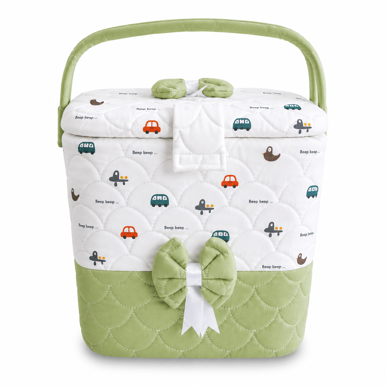 Premium Baby Storage Basket with Handle & Cute Vehicle Print | Quilted Nursery Organizer