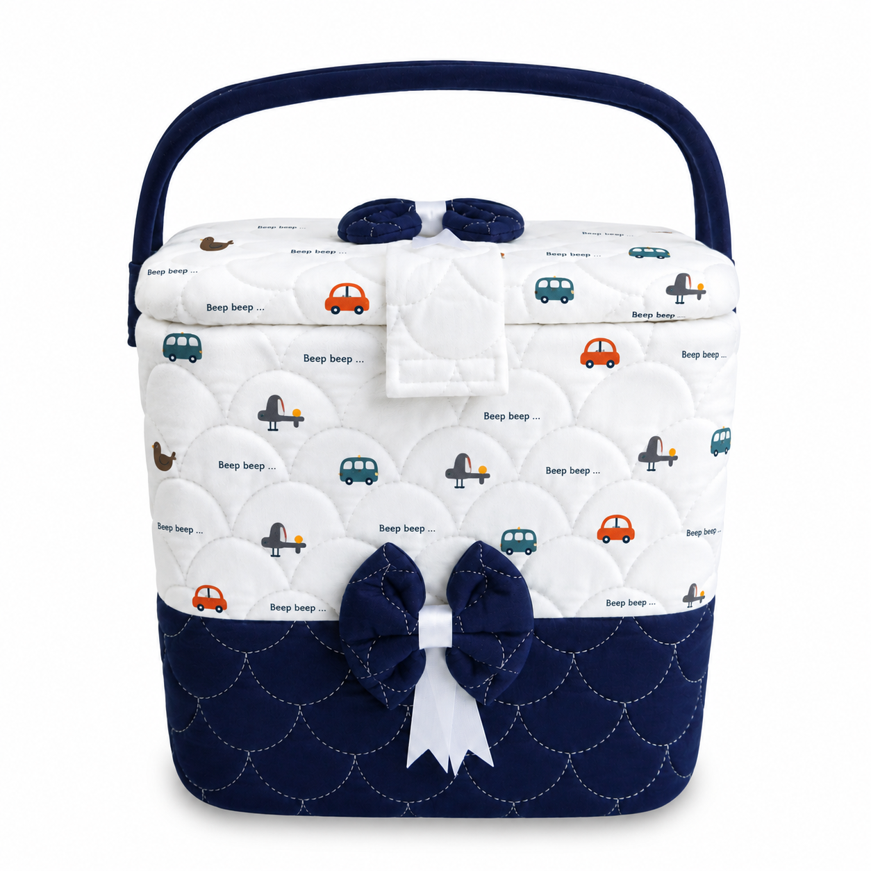 Premium Baby Storage Basket with Handle & Cute Vehicle Print | Quilted Nursery Organizer