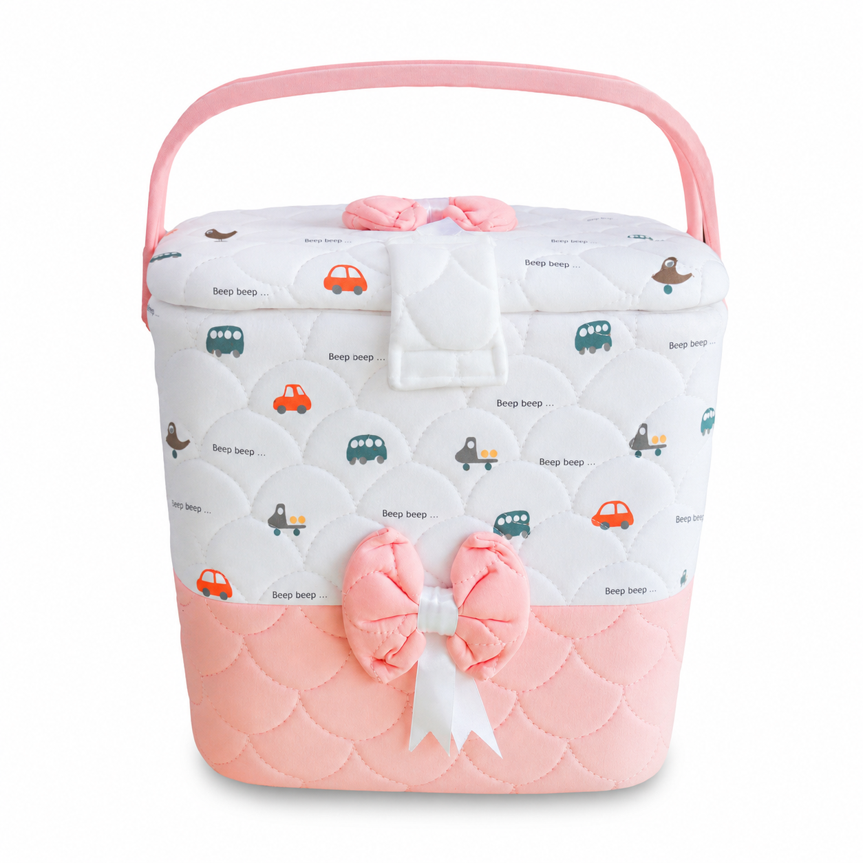 Premium Baby Storage Basket with Handle & Cute Vehicle Print | Quilted Nursery Organizer