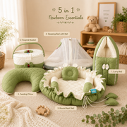NEW BORN BABY 5 SET COMBO (5 in 1 Premium Newborn Baby Combo Set – Carry Bed, Feeding Pillow, Round Nest Bed, Sleeping Bed with Mosquito Net & Cute Hospital Basket)