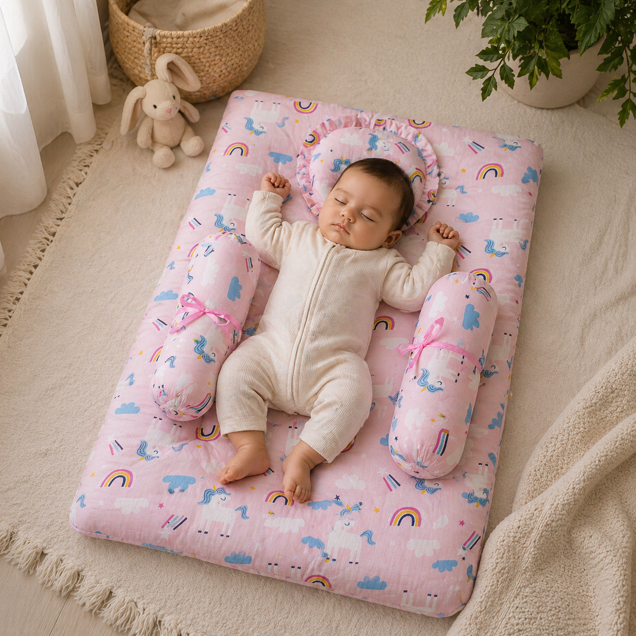 1ST STEP 100% Muslin Cotton Thick New Born Baby Bedding Mattress/Gadda Bed Set for Babies with 2 Side Bolster & Head Pillow
