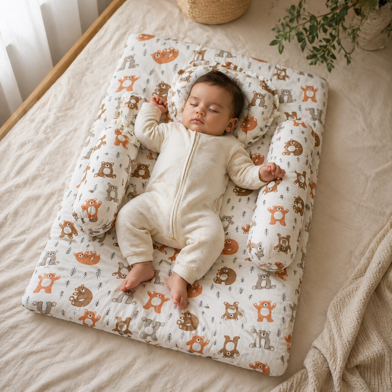 1ST STEP 100% Muslin Cotton Thick New Born Baby Bedding Mattress/Gadda Bed Set for Babies with 2 Side Bolster & Head Pillow