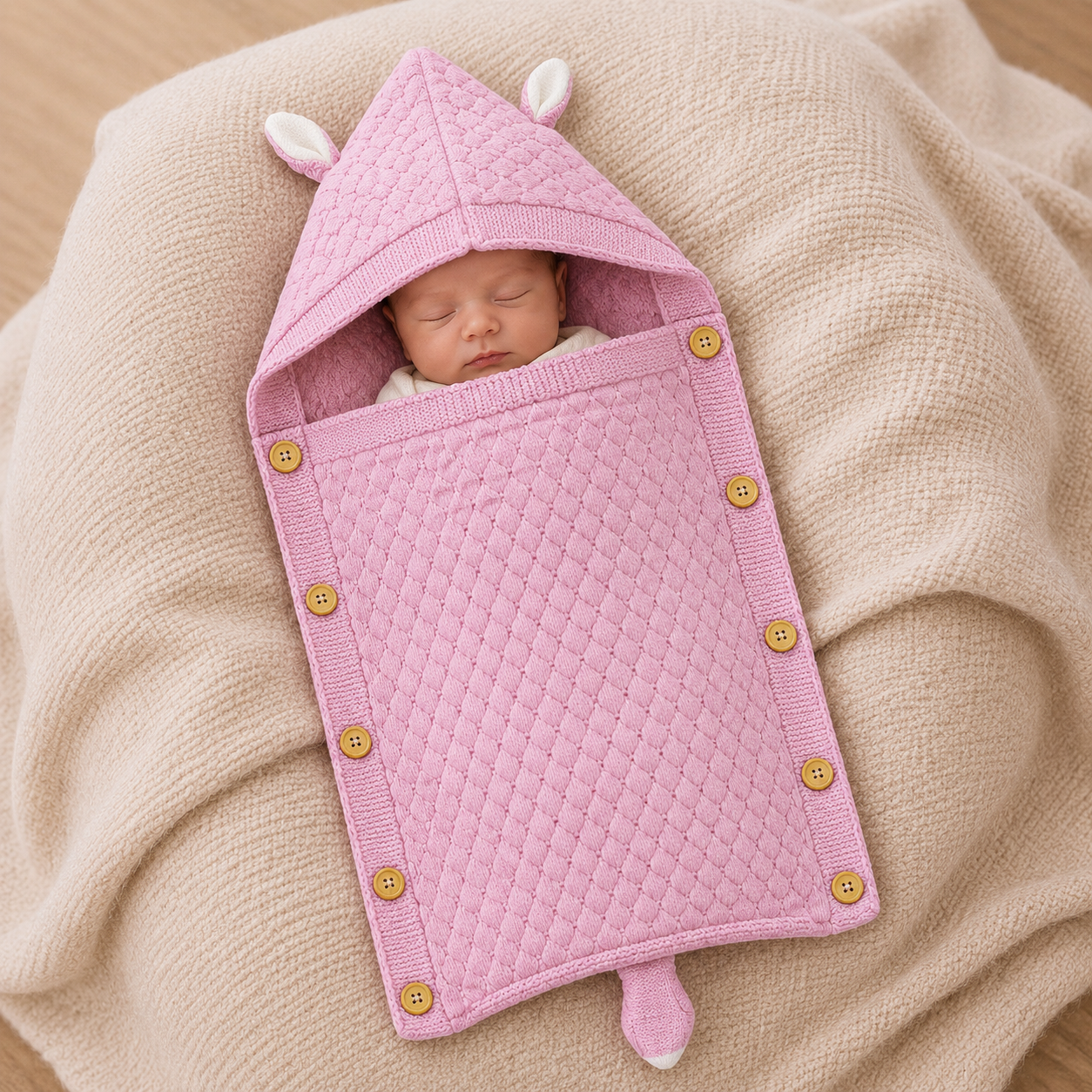 Premium Knitted Baby Wrapper Blanket with Hood & Bunny Ears | Soft Warm Newborn Swaddle Wrap | Baby Receiving Blanket