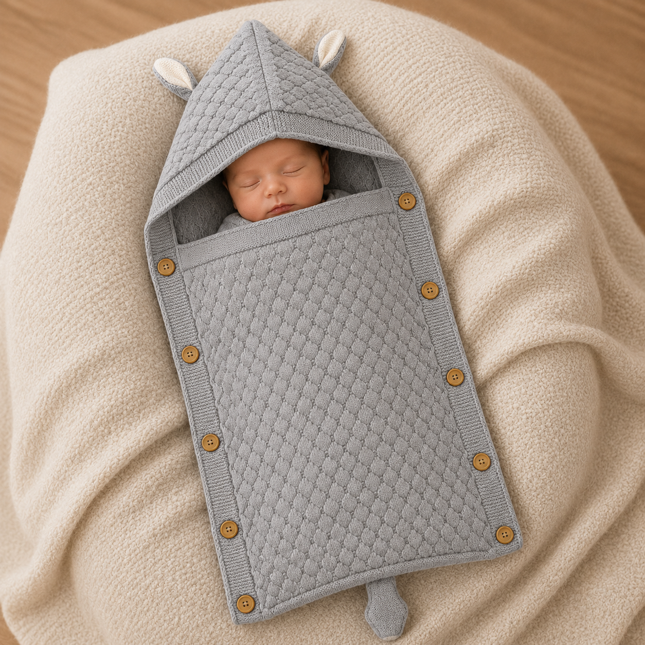 Premium Knitted Baby Wrapper Blanket with Hood & Bunny Ears | Soft Warm Newborn Swaddle Wrap | Baby Receiving Blanket