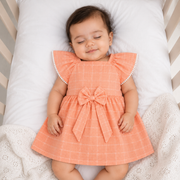 Baby Girl Pink Checkered Cotton Frock with Bow | Soft Sleeveless Flutter Sleeve Dress | Newborn, Infant & Toddler Party Wear