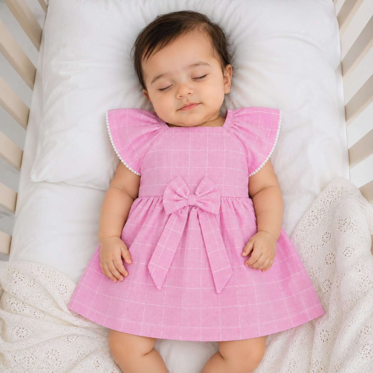 Baby Girl Pink Checkered Cotton Frock with Bow | Soft Sleeveless Flutter Sleeve Dress | Newborn, Infant & Toddler Party Wear