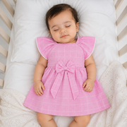 Baby Girl Pink Checkered Cotton Frock with Bow | Soft Sleeveless Flutter Sleeve Dress | Newborn, Infant & Toddler Party Wear