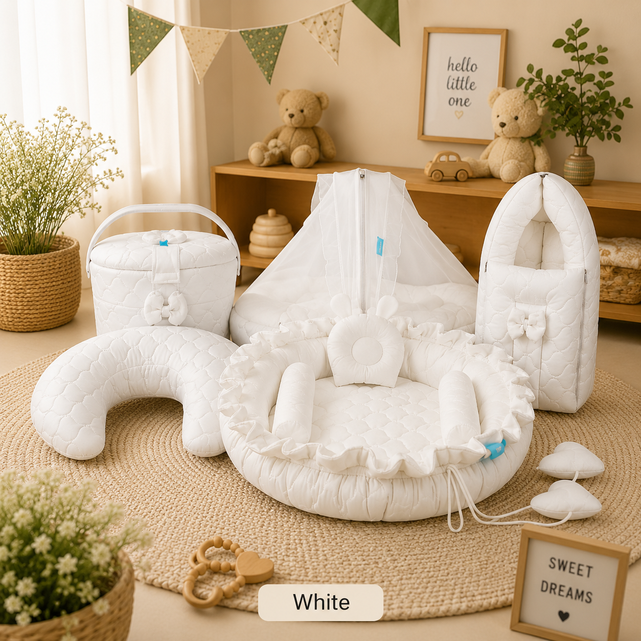NEW BORN BABY 5 SET COMBO (5 in 1 Premium Newborn Baby Combo Set – Carry Bed, Feeding Pillow, Round Nest Bed, Sleeping Bed with Mosquito Net & Cute Hospital Basket)