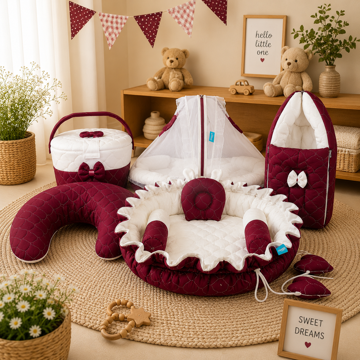 NEW BORN BABY 5 SET COMBO (5 in 1 Premium Newborn Baby Combo Set – Carry Bed, Feeding Pillow, Round Nest Bed, Sleeping Bed with Mosquito Net & Cute Hospital Basket)