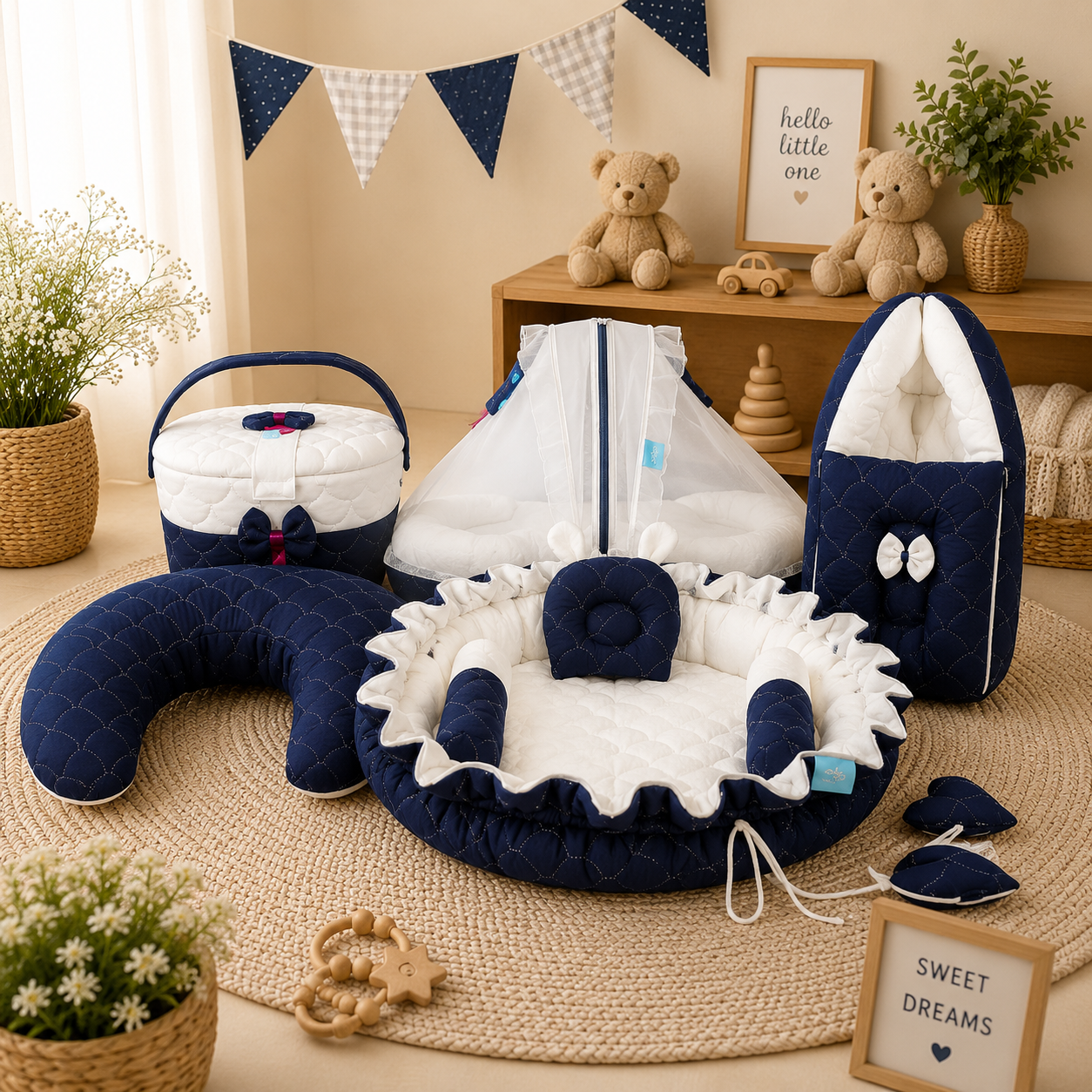 NEW BORN BABY 5 SET COMBO (5 in 1 Premium Newborn Baby Combo Set – Carry Bed, Feeding Pillow, Round Nest Bed, Sleeping Bed with Mosquito Net & Cute Hospital Basket)